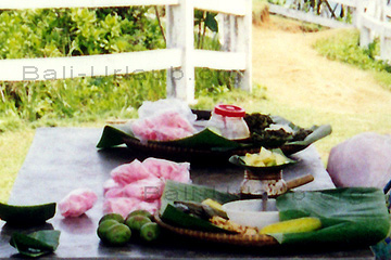 Früchte und Snacks die auf einem Bananenblatt serviert werden. Hier aber bei einem Ausflug auf der Insel Java.